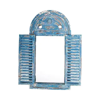 Primrose Rustic Wooden Glass Garden Outdoor Mirror Louvre Shutters In Blue