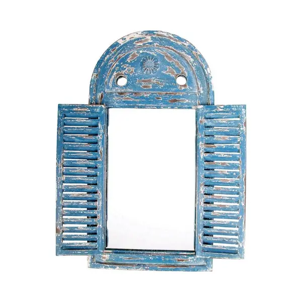 Primrose Rustic Wooden Glass Garden Outdoor Mirror Louvre Shutters In Blue thumbnail