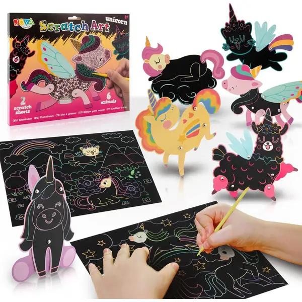 Joya Creative Scratch Art Unicorn Kinderen - Krasboek - Scratch Art Dieren - Knutselpakketten - Inclusief 6 Dieren En 2 Krastekeningen - Met Kras Tools En thumbnail