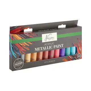 Nassau Fine Art Metallic Acrylverf Set - 12pcs 36ml Tubes – Hoogwaardige Metallic Verf Voor Hobby – Dekking Op Papier, Canvas, Hout, Steen En Meer