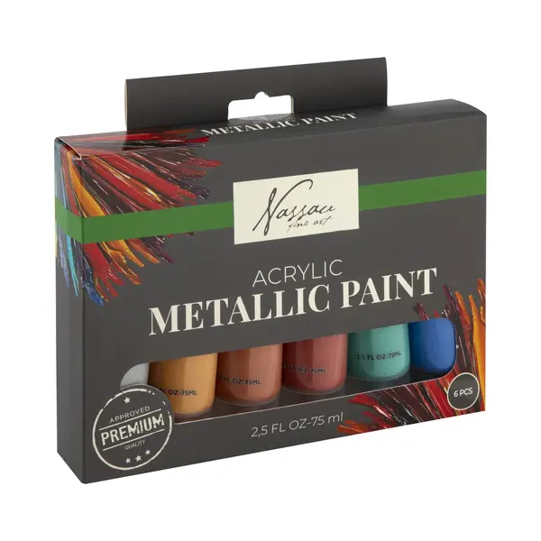 Nassau Fine Art Metallic Acrylverf Set – 6pcs 75ml Tubes – Hoogwaardige Metallic Verf Voor Hobby – Dekking Op Papier, Canvas, Hout, Steen En thumbnail