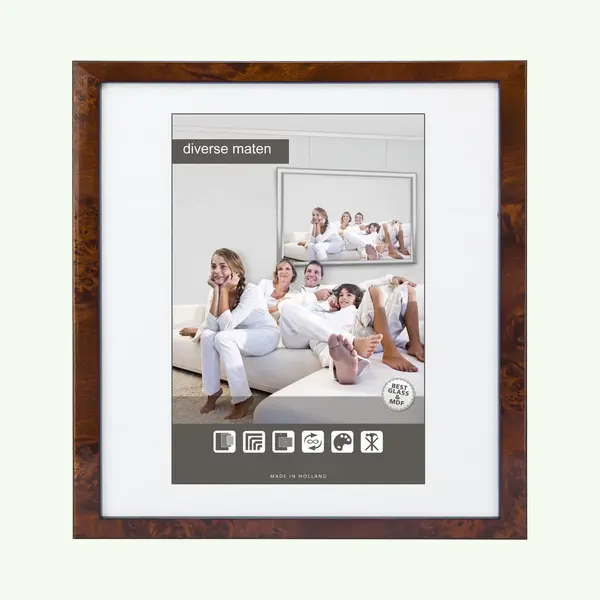 Vlakke Houten Wissellijst - Fotolijst - 20x20 Cm - Helder Glas - Wortelnoten - 15 Mm thumbnail