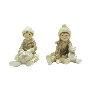Clayre & Eef Beeld Set Van 2 Kinderen 9 Cm Beige Goudkleurig Kunststof