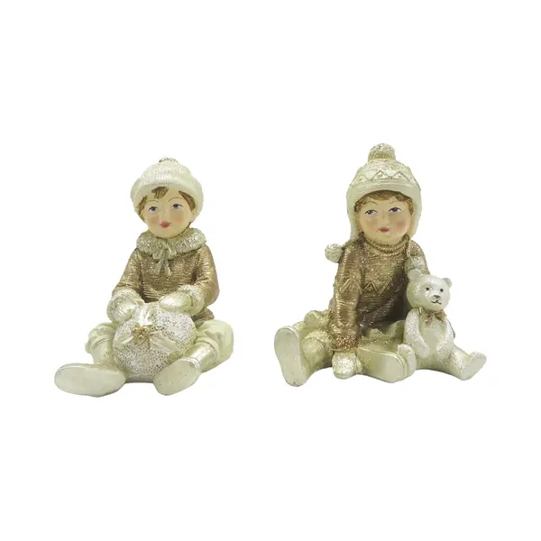 Clayre & Eef Beeld Set Van 2 Kinderen 9 Cm Beige Goudkleurig Kunststof thumbnail