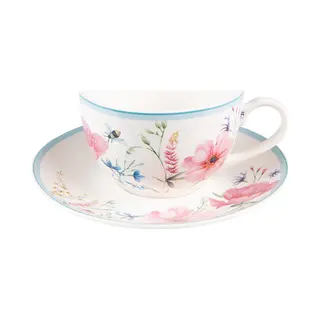 Clayre & Eef Kop En Schotel 230 Ml Wit Roze Porselein Bloemen