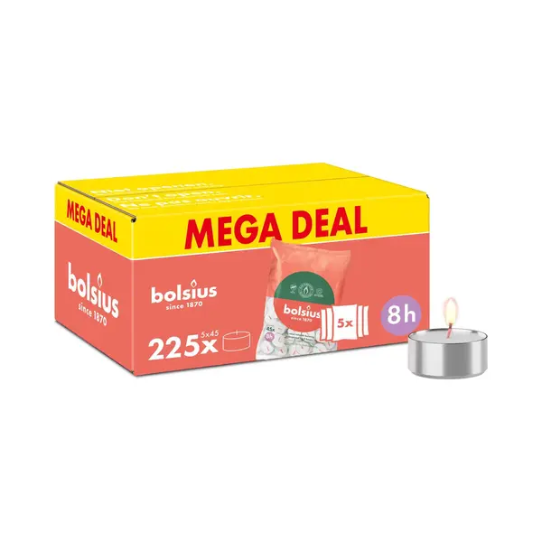 Bolsius - Großpackung Teelichter - 225 Stk. - 8 Brennstunden - Weiß - Enthält Naturliches Pflanzenwachs - Länge Brenndauer - Dekorative thumbnail