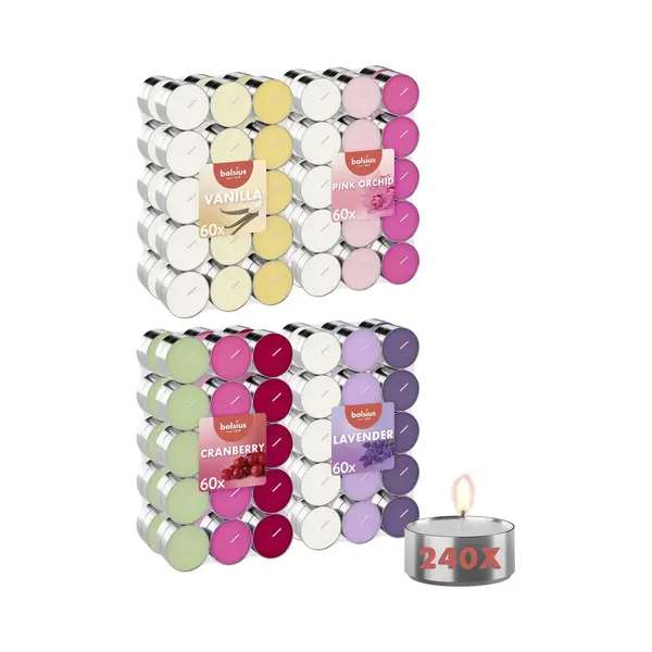 Bolsius Multicolor Duft Teelichter - 240 Stück - Mehrere Düfte - 12 Farben - Lange Brenndauer 3, 5 Stunden - Dekorative Kerzen - Wachs - 8 Packungen thumbnail