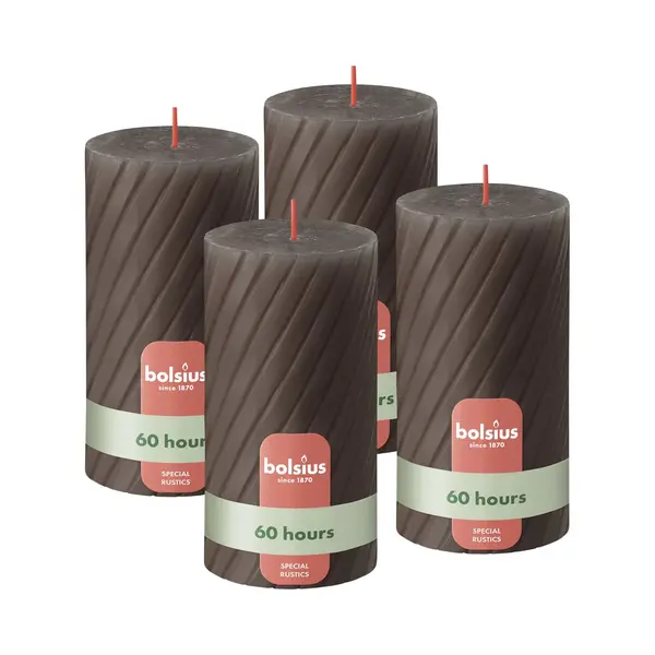 Bolsius - Rustieke Kaars - Gedraaid Patroon - 4 Stuks - Taupe Donker Bruin - 60 Branduren - 13 Cm thumbnail