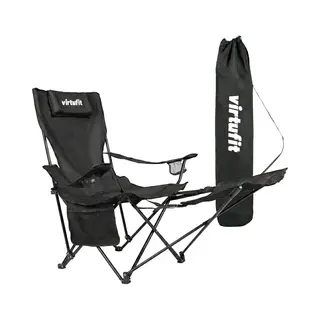 VirtuFit Opvouwbare Camping Stoel Met Voetsteun - Strandstoel - Zwart - Inclusief Draagtas, Bekerhouder En Opbergvak
