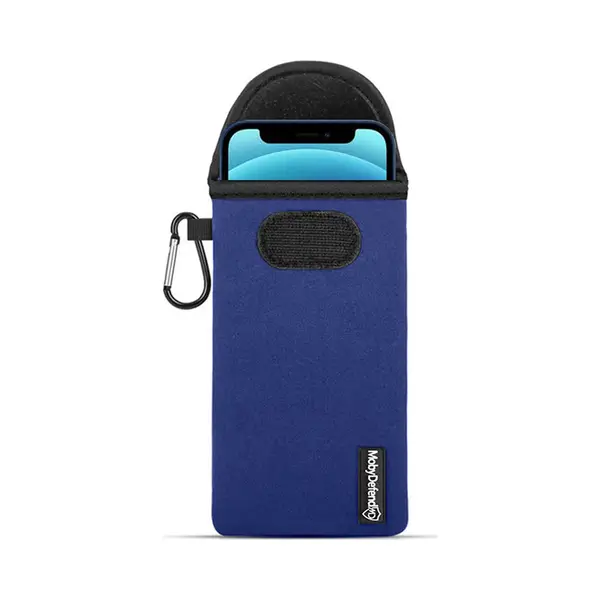 MobyDefend Hoesje - Geschikt Voor IPhone 12 Pro - Neopreen Pouch Met Karabijnhaak - Insteek - Riemlus - Blauw thumbnail