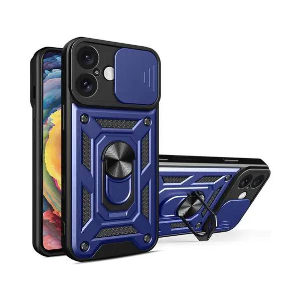 MobyDefend Hoesje - Geschikt Voor IPhone 16 Plus - Pantsercase Met Draaibare Ring - Blauw thumbnail