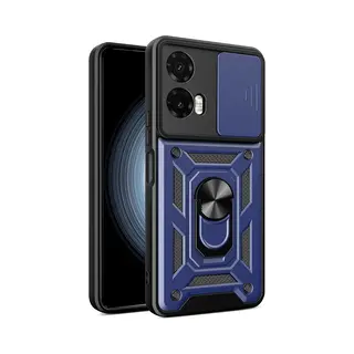 MobyDefend Hoesje - Geschikt Voor Motorola Moto G35 - Pantsercase Met Draaibare Ring - Blauw