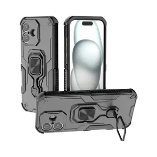 MobyDefend Hoesje - Geschikt Voor IPhone 17 - Dubbelgelaagde Pantsercase Met Standaard - Zwart