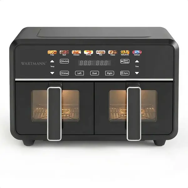 Wartmann Dubbele Airfryer Xxl 11L - Pfas-vrije Heteluchtfriteuse - Infrarood - Dual Zone - 2 X 5.5L - 40–200°C - 8 Kookprogramma's - 2850W - Wm-2511 Af - thumbnail