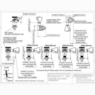 Hipshot HS6GL0C-21 Guitar Tuner, Grip-Lock Open, 21.0mm (0.827) Post Height, Bass Side, Chrome