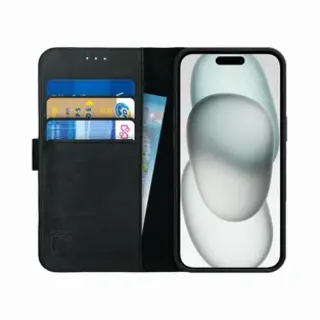 Rosso Deluxe Echt Leer Book Case Hoesje Geschikt Voor Apple IPhone 15 | Ruimte Voor Drie Pasjes | Portemonnee Book Case | Met Pasjeshouder | Zwart
