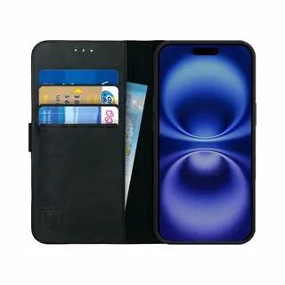 Rosso Deluxe Echt Leer Hoesje Geschikt Voor Apple IPhone 16 Plus | Ruimte Voor Drie Pasjes | Portemonnee Book Case | Met Pasjeshouder | Zwart