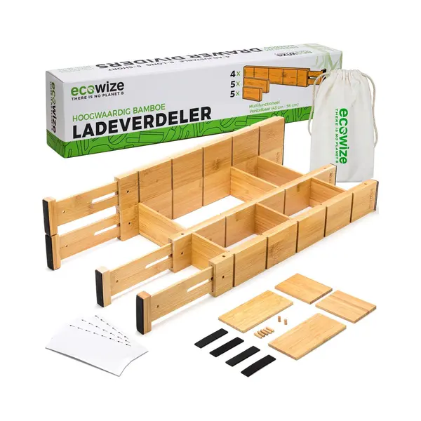 Ecowize Luxe Lade Organizer - Verstelbare Bamboe Ladeverdeler - Set Van 4 (43cm Tot 56cm) thumbnail