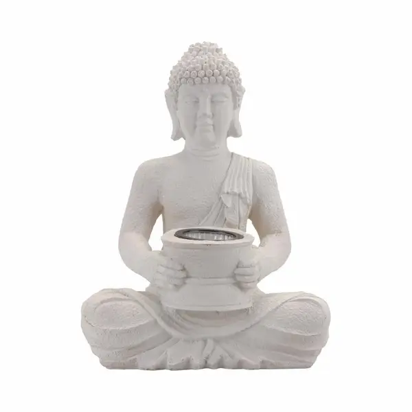 Boeddha Beeldje - Solar Lamp - Wit - Polystone Tuindecoratie - Sfeerverlichting - 28 Cm thumbnail