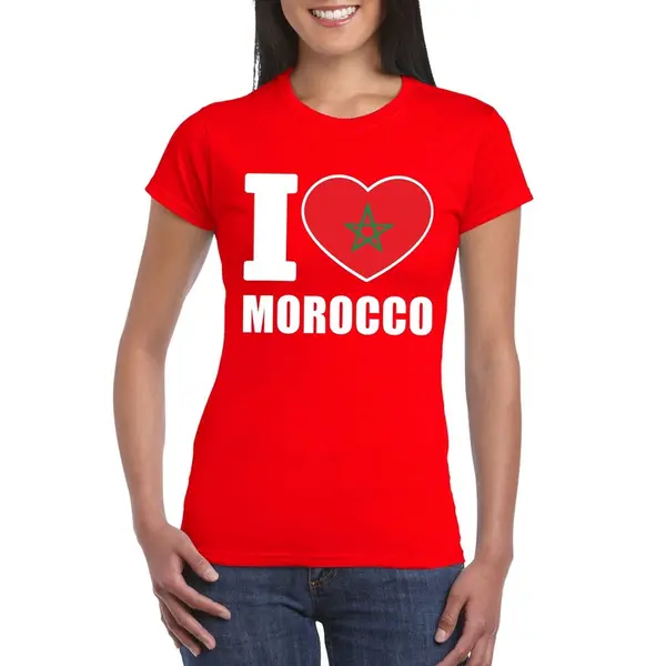 Bellatio Decorations Marokko Supporters Kleding T-shirt - Voor Dames - Rood - Met Vlag Kleuren Print - Korte Mouwen S thumbnail