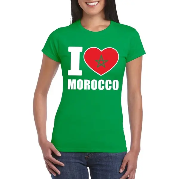 Bellatio Decorations Marokko Supporters Kleding T-shirt - Voor Dames - Groen - Met Vlag Kleuren Print - Korte Mouwen S thumbnail