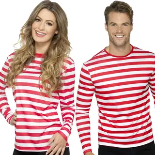 Smiffys Smiffy's Gestreept T-shirt - Wit/rood - Lange Mouwen - Volwassenen - Waar Is Wally - Piraten Thema 52/54