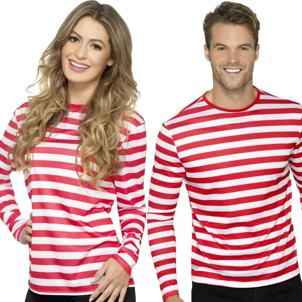Smiffys Smiffy's Gestreept T-shirt - Wit/rood - Lange Mouwen - Volwassenen - Waar Is Wally - Piraten Thema 52/54 thumbnail