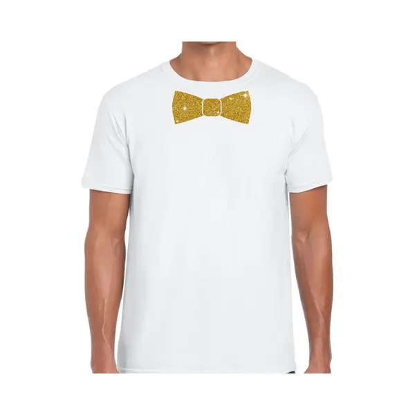 Bellatio Decorations Feestkleding T-shirt - Met Gouden Strikje - Wit - Voor Heren - Vlinderdas - Glitter And Glamour S thumbnail