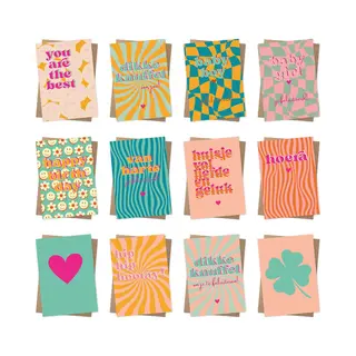 Jots 12x Hippe Gekleurde Kaartjes (A6 Formaat) In Retrolook - Kaartjes Om Te Versturen - Kaartenset - Kaartjes Blanco - Kaartjes Met Tekst - Wenskaarten