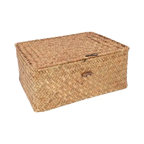 Quvio Opbergmand - Opbergdoos - Opbergbox - Voorraaddoos - Organizer - Sorteerdoos - Met Deksel - Met Knoop - Rotan - Bruin - 29 X 19 X 12 Cm thumbnail