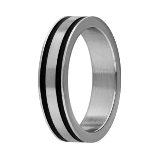 Lucardi Kinder Stalen Ring Met 2 Zwarte Strepen - Ring - Staal - Zilver - 16 / 50 Mm
