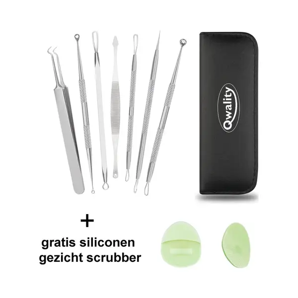 Qwality® Professionele Puisten Verwijder Set - 7 Tools + Scrubber - Meeeters Verwijderen - Puisten Verwijderaar - Comedonenlepel - Blackhead Remover thumbnail