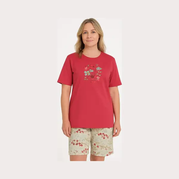 Tenderness Dames Shortama - Pyjama Set - Botanisch Patroon - Rood - Maat S thumbnail