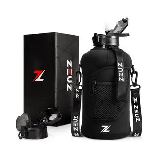 Zeuz Grote Waterfles 2, 2 Liter Met Handvat – 2200 Ml Drinkfles Met Rietje & Bidon - Bpa Vrij – 2.2 L - Zwart