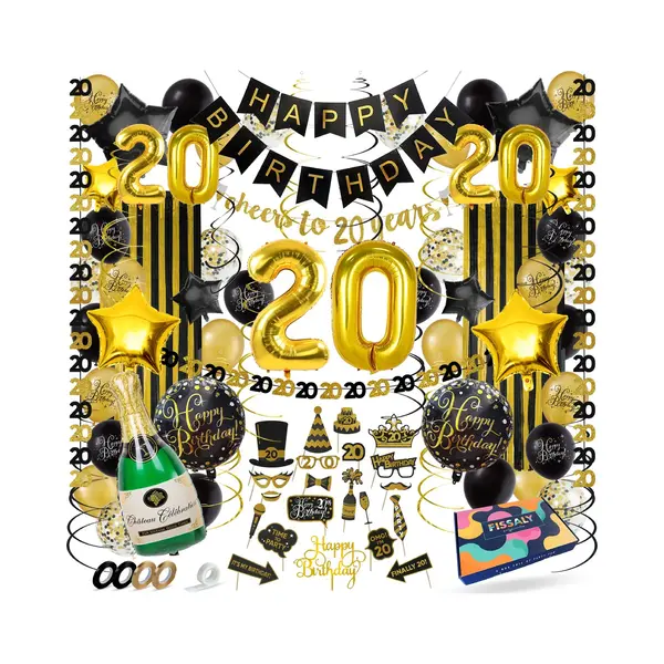 Fissaly 20 Jaar Verjaardag Decoratie Versiering - Ballonnen – Jubileum Man & Vrouw - Zwart En Goud thumbnail