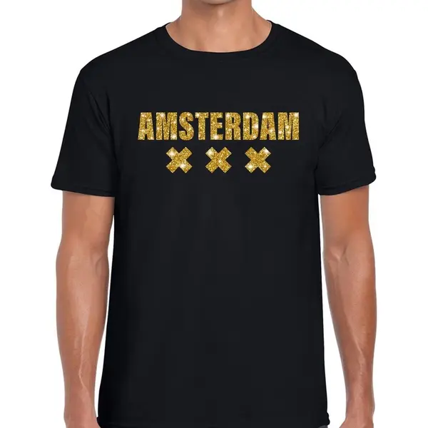 Bellatio Decorations Amsterdam Gouden Glitter Tekst T-shirt Zwart Heren - Heren Shirt Amsterdam M thumbnail