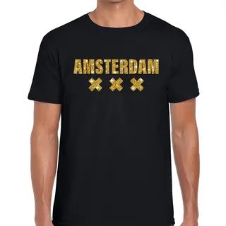 Bellatio Decorations Amsterdam Gouden Glitter Tekst T-shirt Zwart Heren - Heren Shirt Amsterdam Xxl