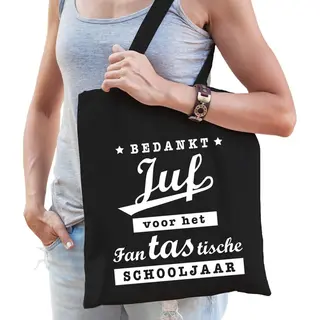 Bellatio Decorations Bedankt Juf Katoenen Tasje - Zwart Kleur - Juffendag / Einde Schooljaar Cadeau - School Juffen