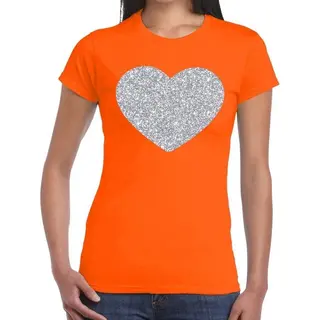 Bellatio Decorations Zilveren Hart Glitter T-shirt Oranje Dames - Dames Shirt Hart Van Zilver S