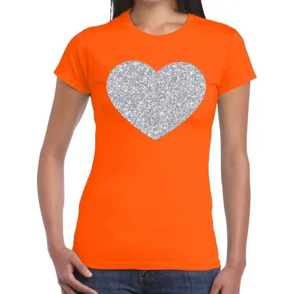 Bellatio Decorations Zilveren Hart Glitter T-shirt Oranje Dames - Dames Shirt Hart Van Zilver S thumbnail