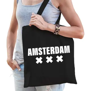 Bellatio Decorations Katoenen Holland/wereldstad Tasje Amsterdam Zwart - 10 Liter - Steden Cadeautas