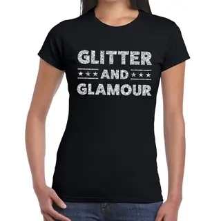 Bellatio Decorations Glitter And Glamour Feestkleding T-shirt - Zwart - Zilver Glitters Letters - Voor Dames - Kleding L