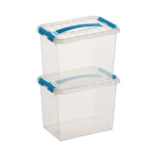2x Sunware Q-line Opberg Box/opbergdoos - 9 Liter - 30 X 20 X 22 Cm - Kunststof - Opslagbox - Transparant/blauw