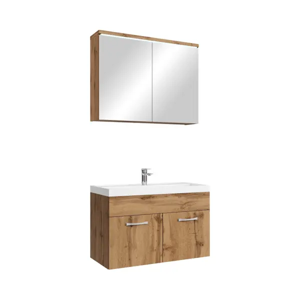 Badplaats Badkamermeubel Set Paso 02 80 X 40 Cm – Eiken – Badmeubel Met Wastafel En Spiegelkast thumbnail