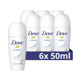 Dove Classic Anti-Perspirant Roll On Women's Deodorant With ¼ Moisturising Cream For 48 Hour Sweat Protection And Long-lasting Fragrance 6x 50 Ml