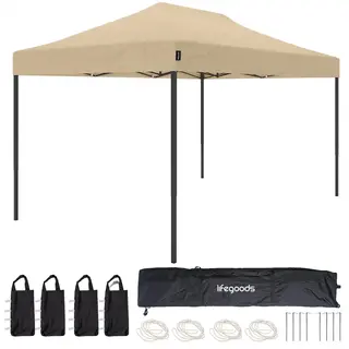 LifeGoods Pavillon Partyzelt - 3, 0 X 4, 5 M - Leicht Aufbaubar, Faltbar, Wasserdicht - Tragetasche Mit Rädern - Beige