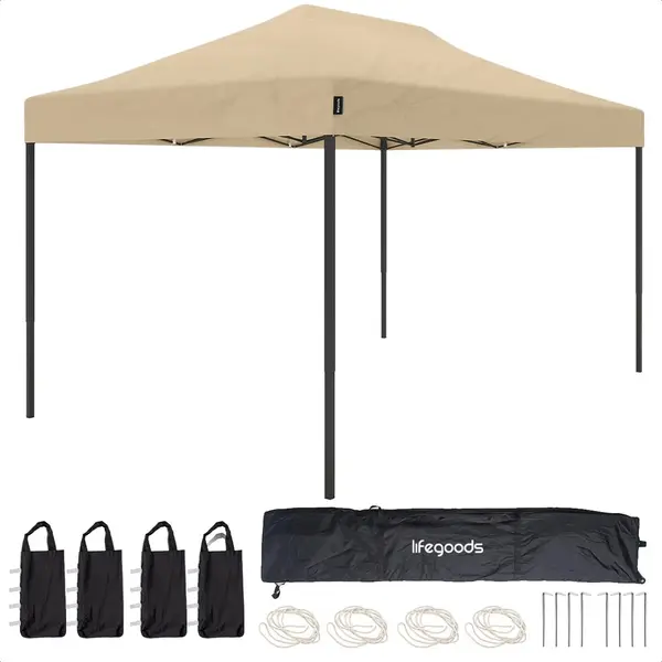 LifeGoods Pavillon Partyzelt - 3, 0 X 4, 5 M - Leicht Aufbaubar, Faltbar, Wasserdicht - Tragetasche Mit Rädern - Beige thumbnail