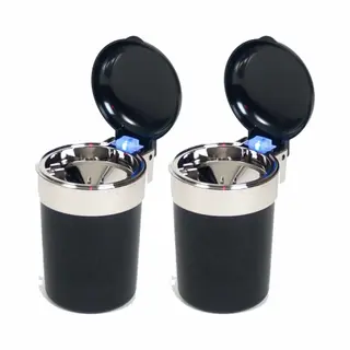 Auto Asbak - 2x - Met Led Verlichting En Klepje - Zwart - 11 X 9 Cm