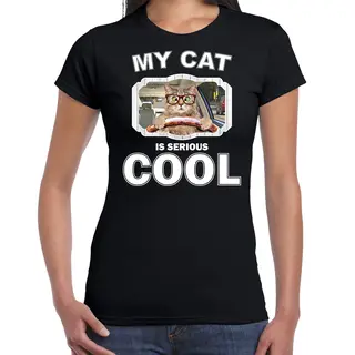 Bellatio Decorations Rijdende Kat Katten T-shirt My Cat Is Serious Cool Zwart - Dames - Katten / Poezen Liefhebber Cadeau Shirt M
