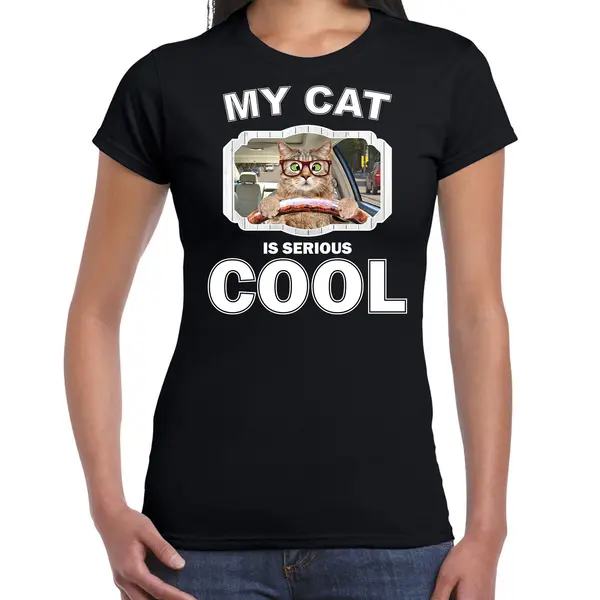 Bellatio Decorations Rijdende Kat Katten T-shirt My Cat Is Serious Cool Zwart - Dames - Katten / Poezen Liefhebber Cadeau Shirt M thumbnail